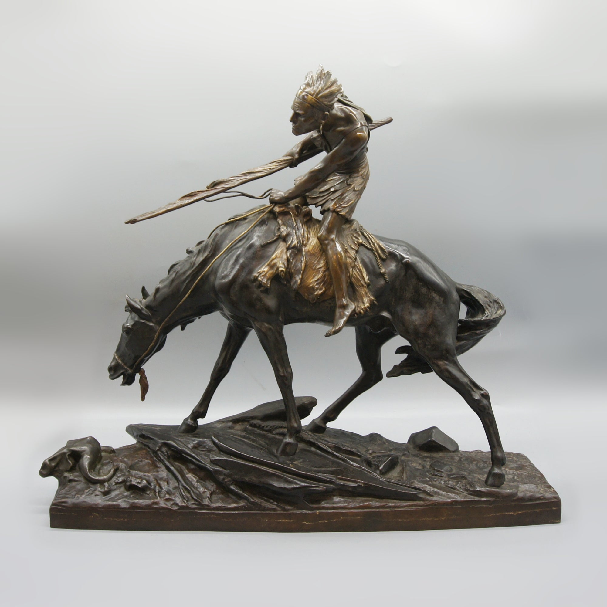 Patinated Bronze Sculpture by Edouard Drouot Depicting a Native American on Horseback - Markies Antiques Ltd