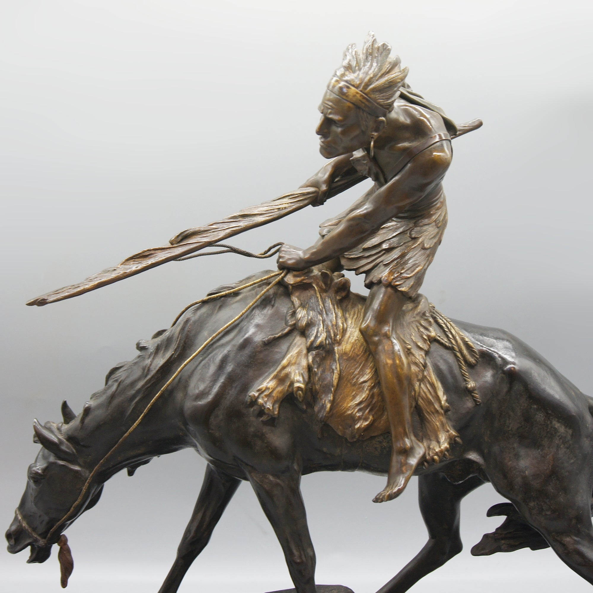 Patinated Bronze Sculpture by Edouard Drouot Depicting a Native American on Horseback - Markies Antiques Ltd