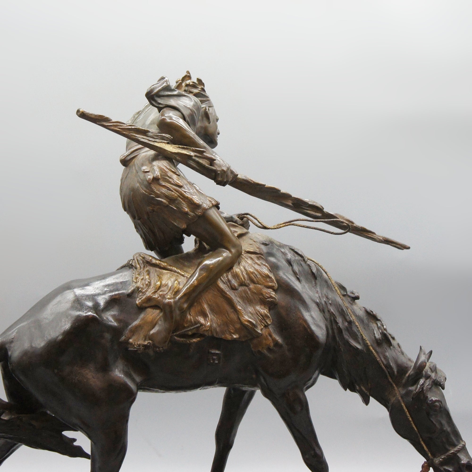 Patinated Bronze Sculpture by Edouard Drouot Depicting a Native American on Horseback - Markies Antiques Ltd