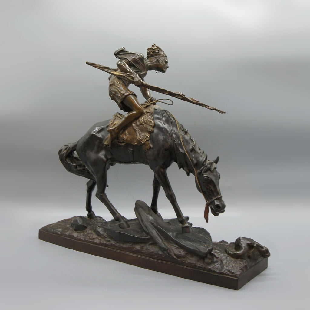 Patinated Bronze Sculpture by Edouard Drouot Depicting a Native American on Horseback - Markies Antiques Ltd