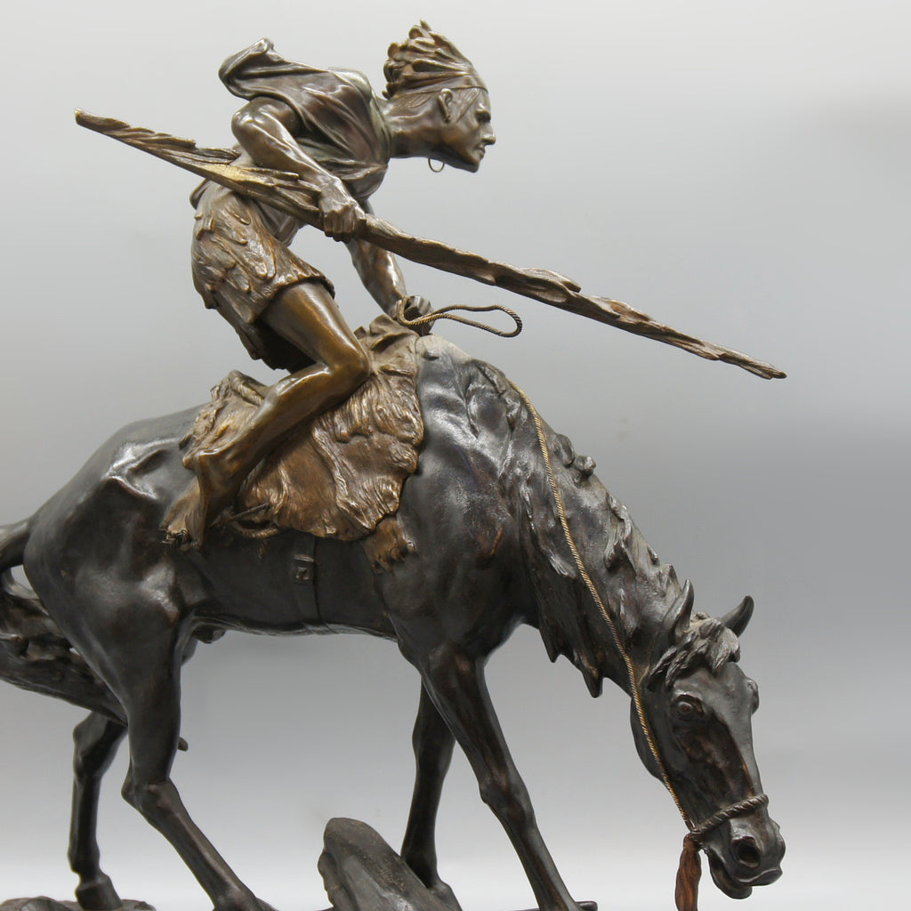 Patinated Bronze Sculpture by Edouard Drouot Depicting a Native American on Horseback - Markies Antiques Ltd