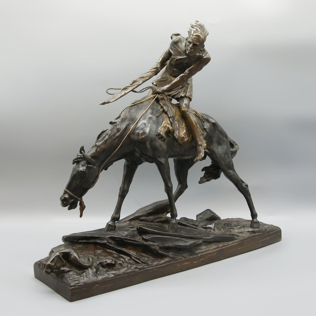 Patinated Bronze Sculpture by Edouard Drouot Depicting a Native American on Horseback - Markies Antiques Ltd