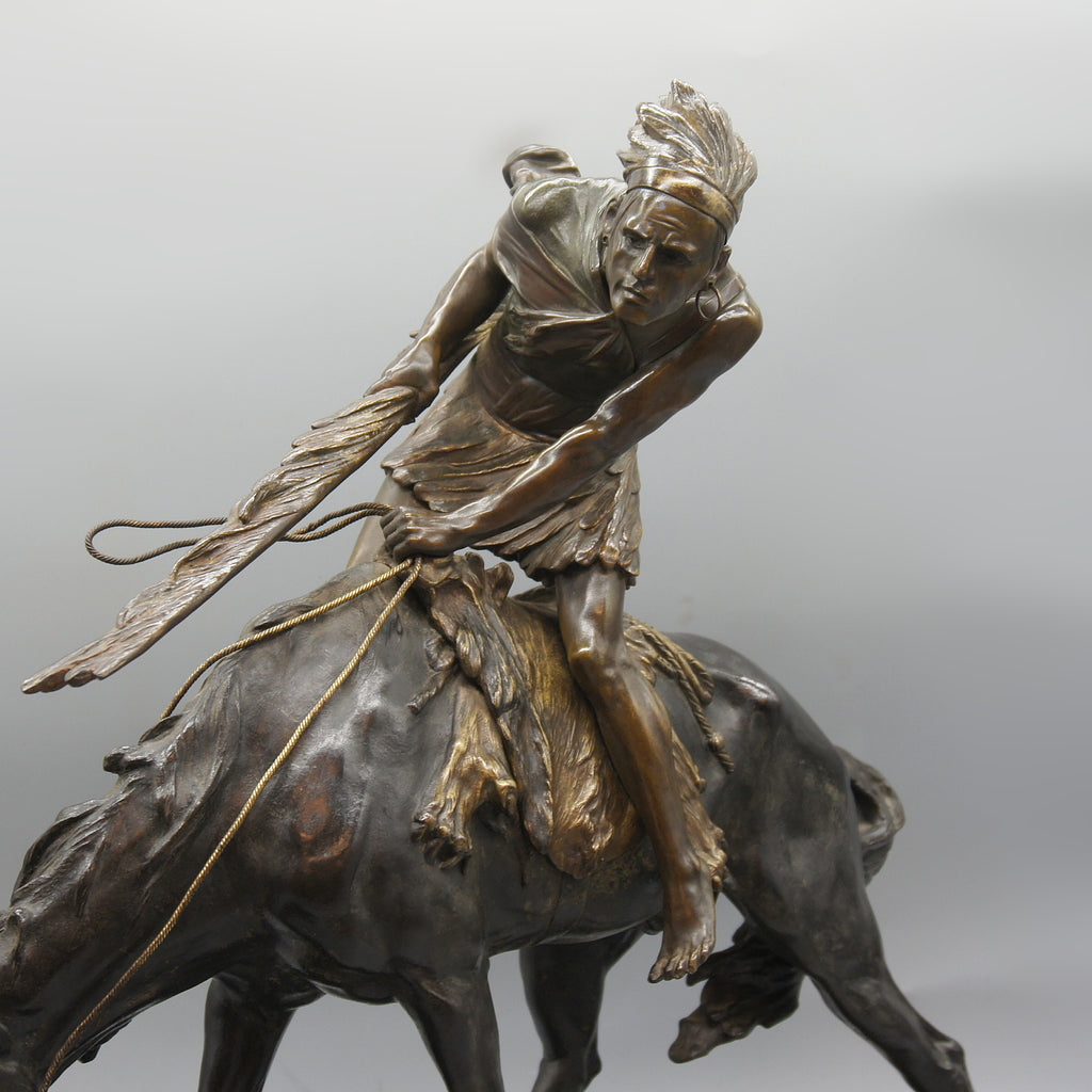 Patinated Bronze Sculpture by Edouard Drouot Depicting a Native American on Horseback - Markies Antiques Ltd
