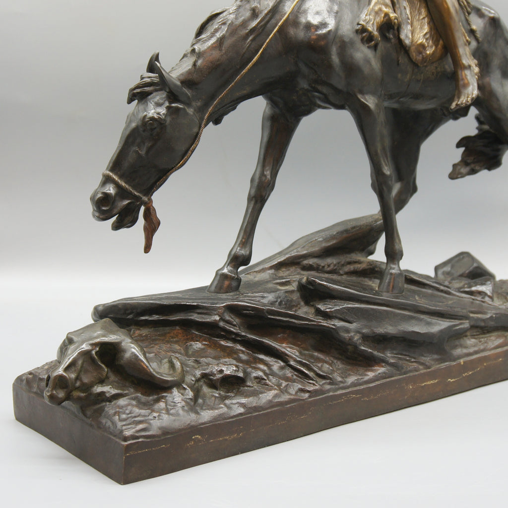 Patinated Bronze Sculpture by Edouard Drouot Depicting a Native American on Horseback - Markies Antiques Ltd
