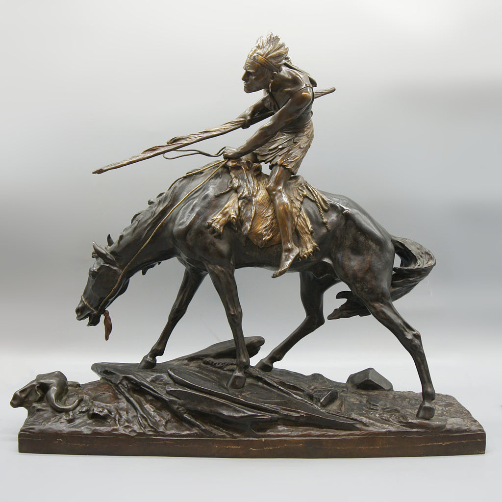Patinated Bronze Sculpture by Edouard Drouot Depicting a Native American on Horseback - Markies Antiques Ltd