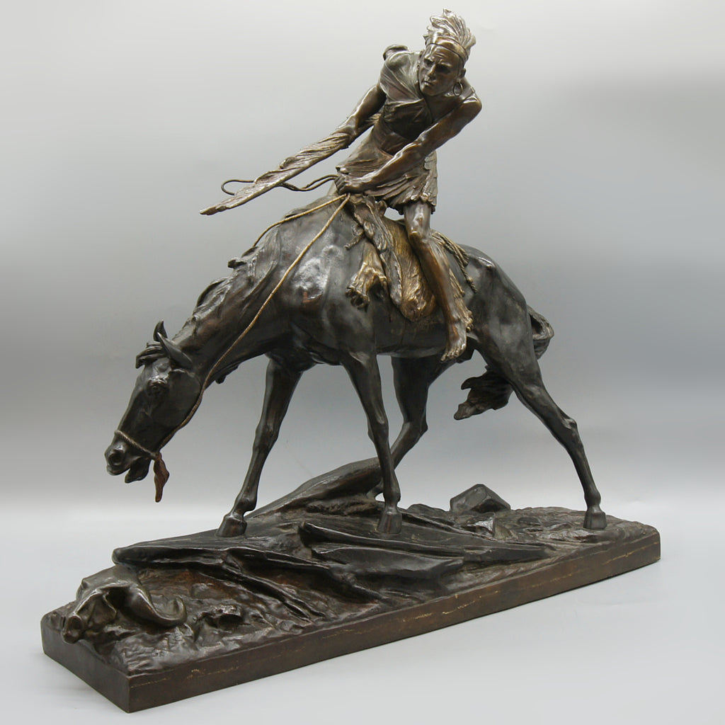 Patinated Bronze Sculpture by Edouard Drouot Depicting a Native American on Horseback - Markies Antiques Ltd