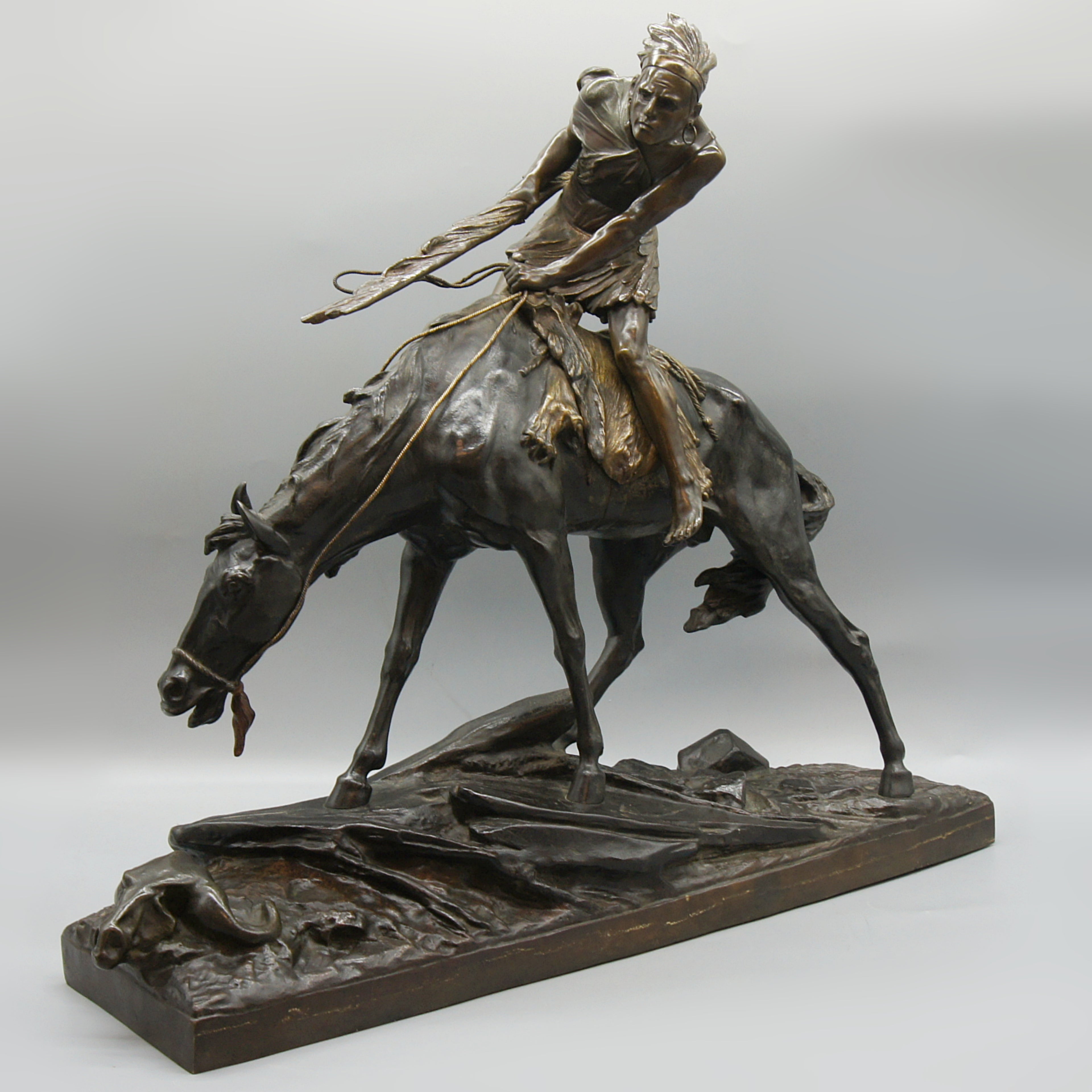 Patinated Bronze Sculpture by Edouard Drouot Depicting a Native American on Horseback - Markies Antiques Ltd