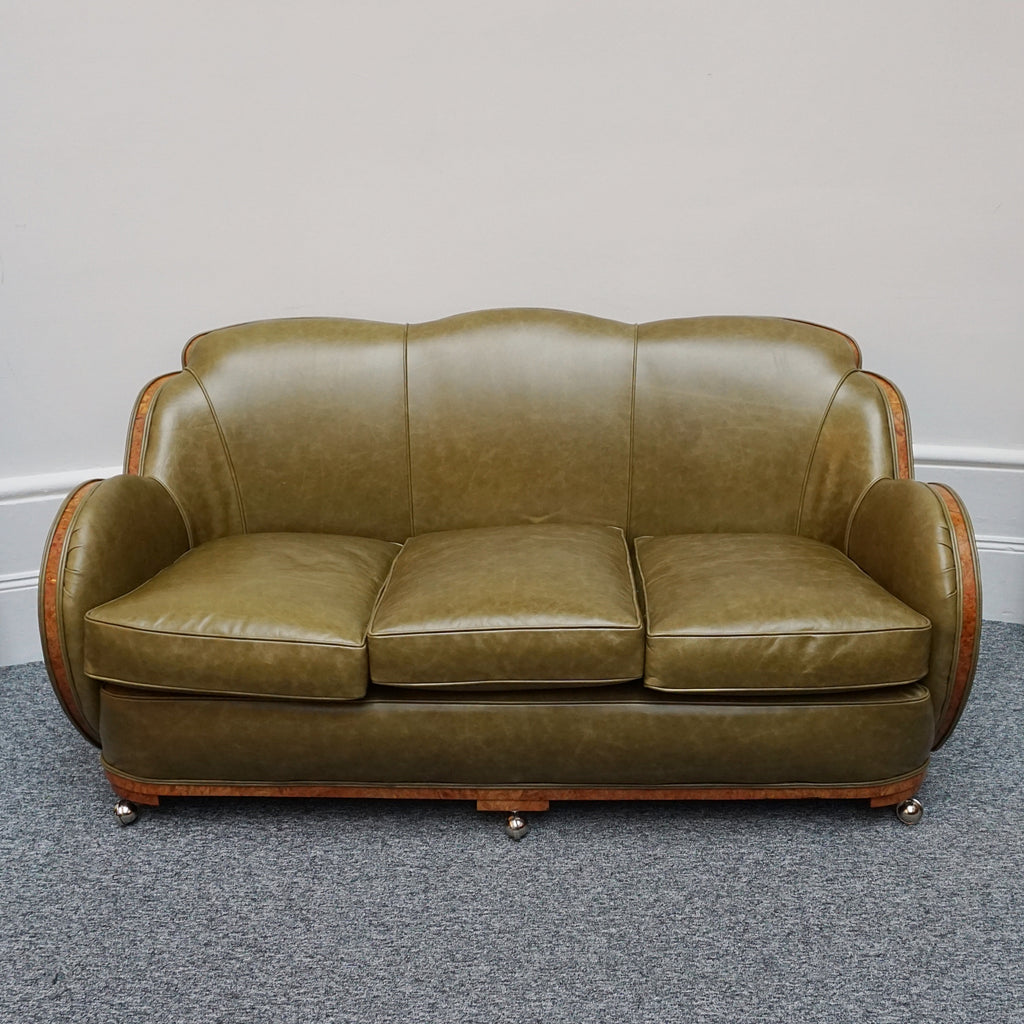 Original Art Deco Green Leather Upholstered Cloud Sofa by Harry & Lou Epstein - Jeroen Markies Art Deco