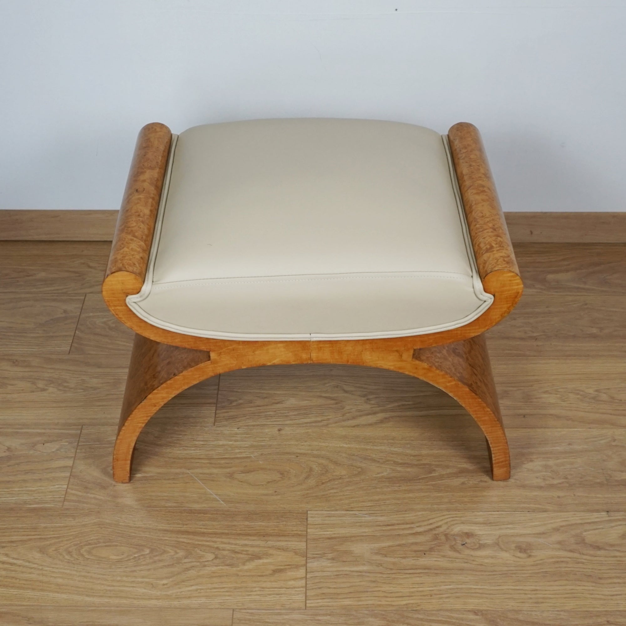 Art Deco Harry & Lou Epstein X-Frame Stool - Burr Walnut and Cream Leather - Markies Antiques 