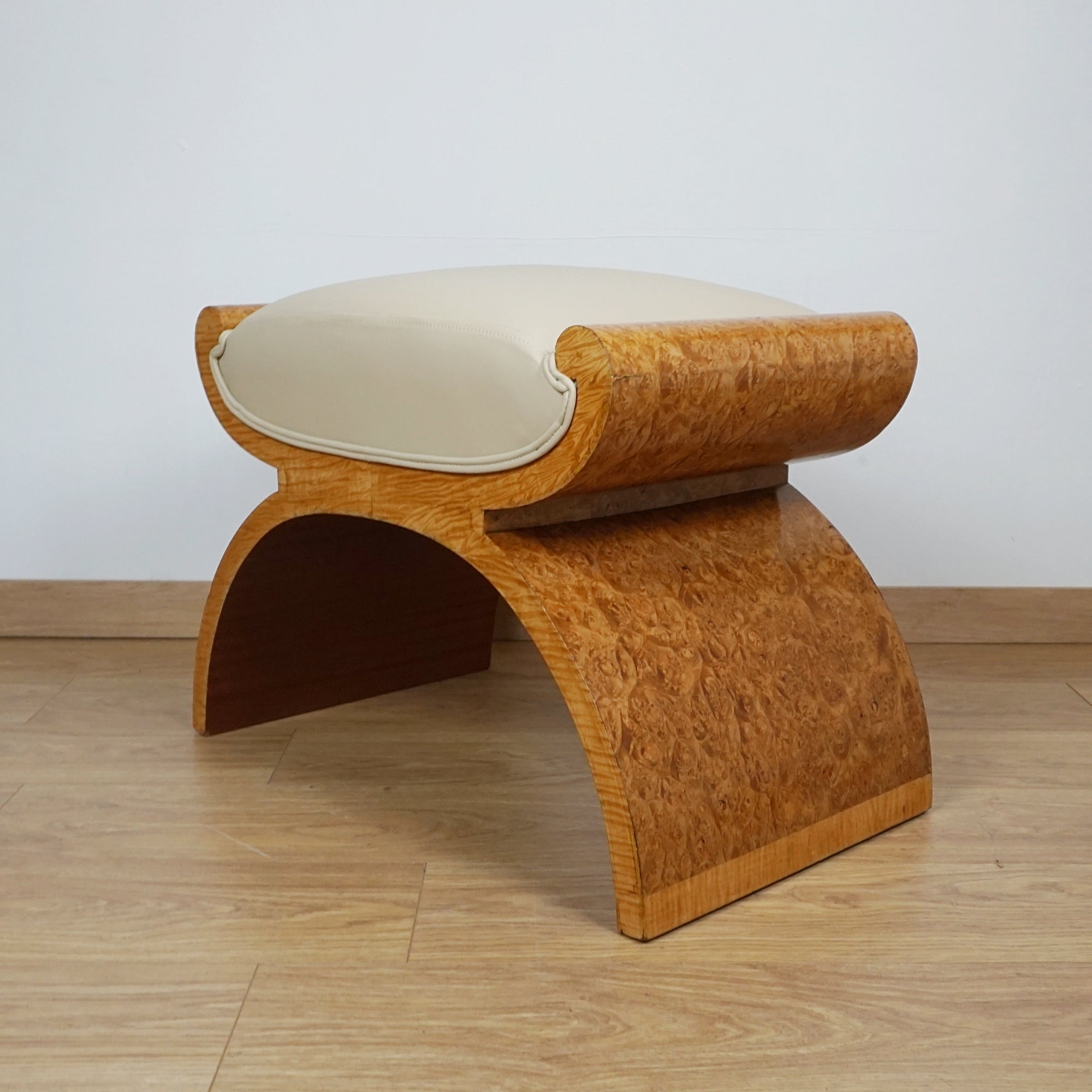 Art Deco Harry & Lou Epstein X-Frame Stool - Burr Walnut and Cream Leather - Markies Antiques 