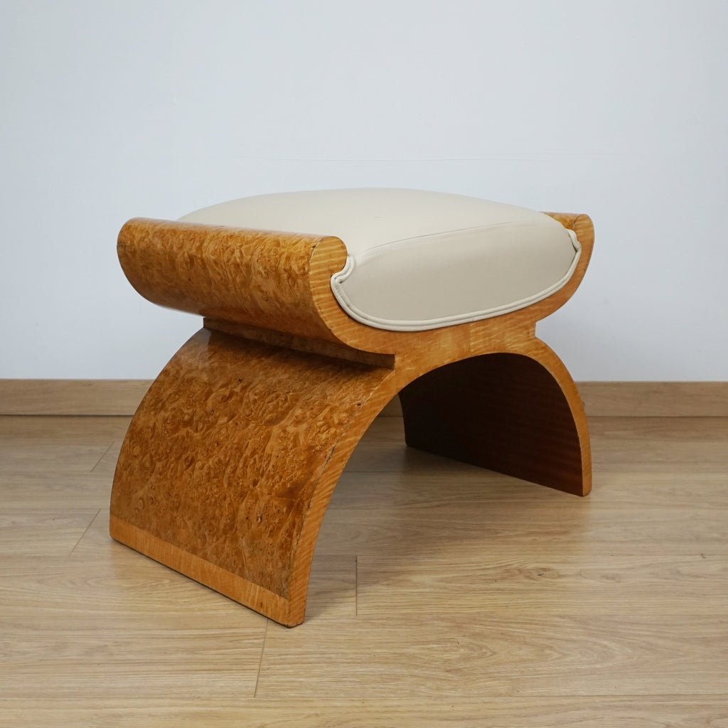Art Deco Harry & Lou Epstein X-Frame Stool - Burr Walnut and Cream Leather - Markies Antiques 