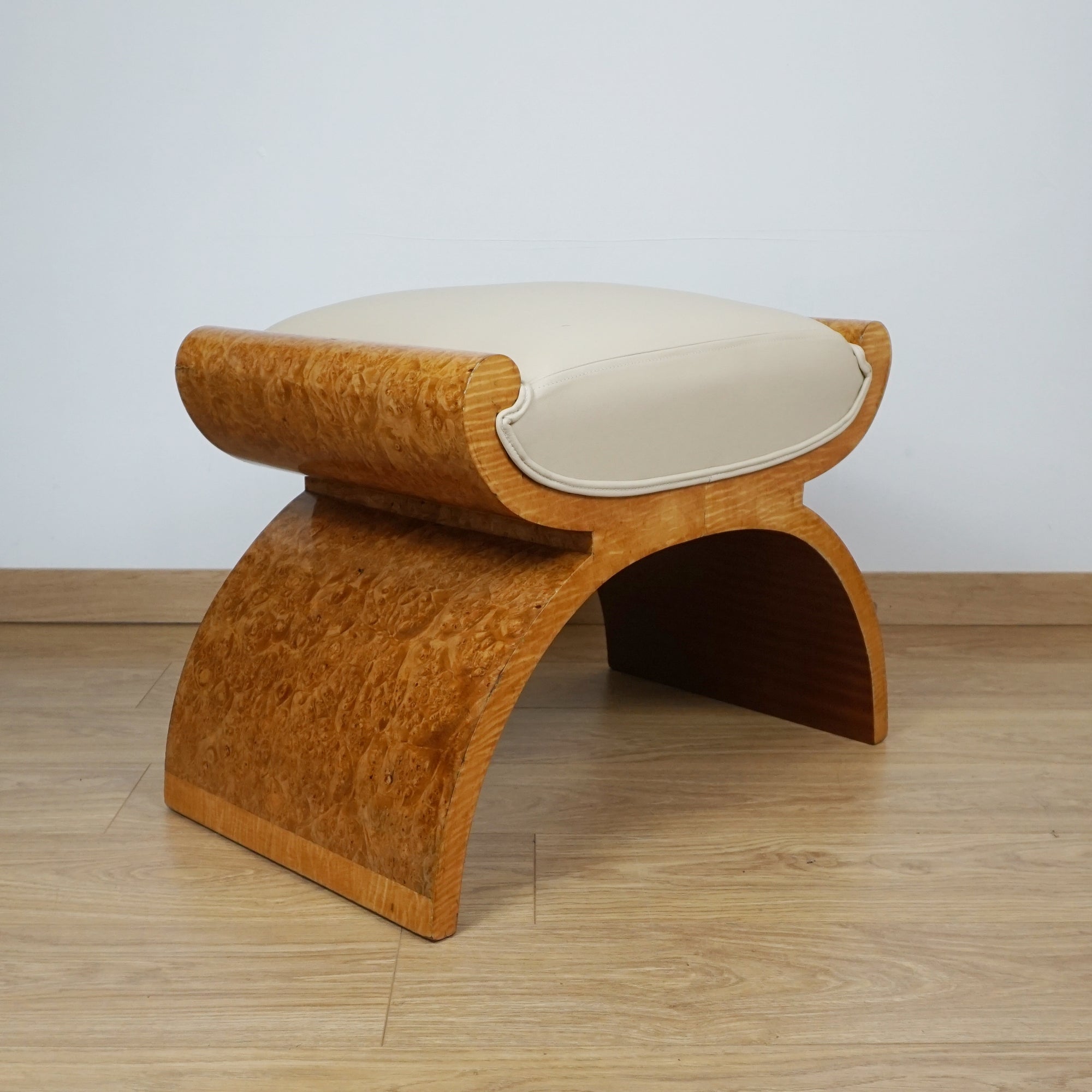 Art Deco Harry & Lou Epstein X-Frame Stool - Burr Walnut and Cream Leather - Markies Antiques 