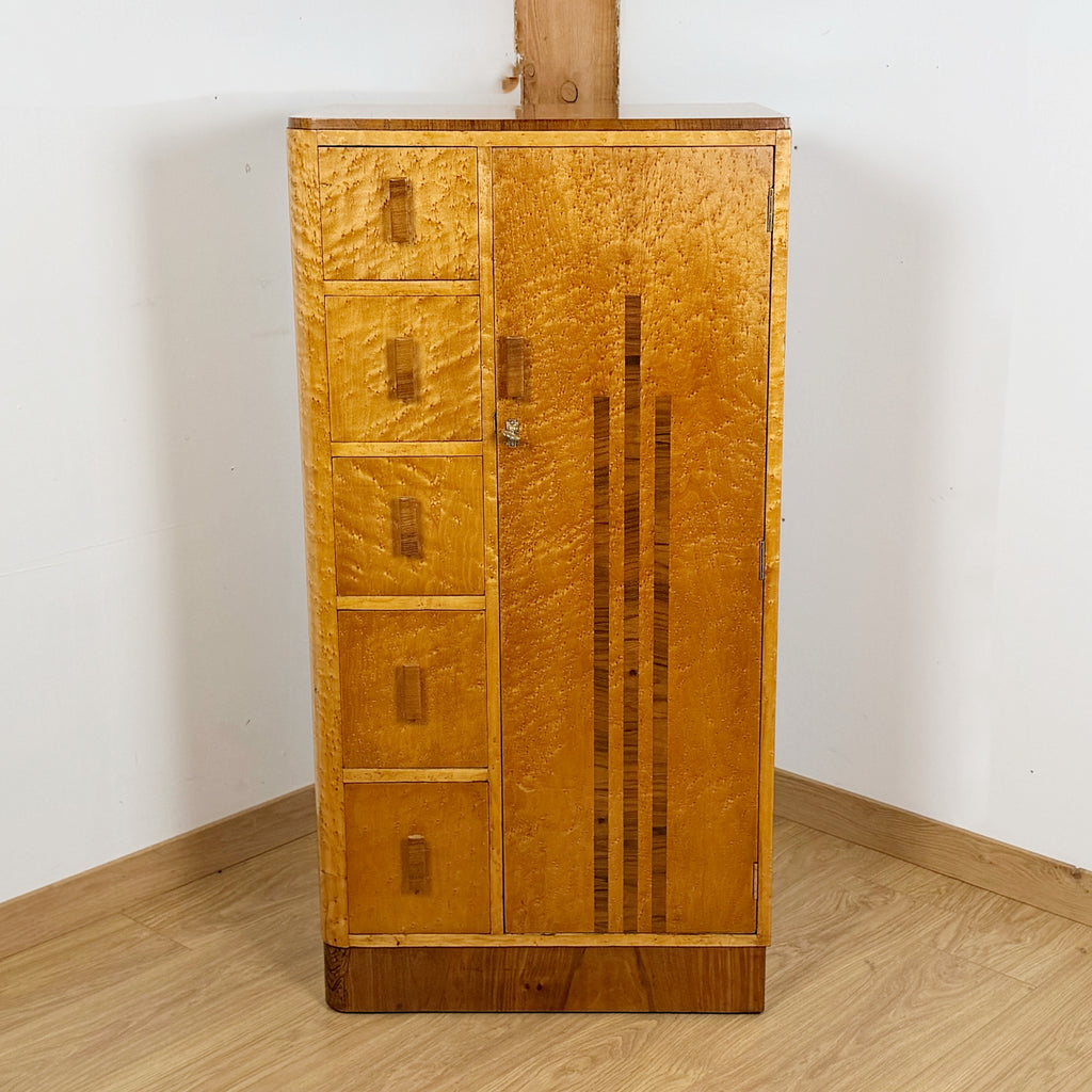 An Art Deco Gentlemen's Wardrobe - Birdseye Maple Small Bedroom Cabinet - Original Art Deco Furniture - Markies Antiques ltd