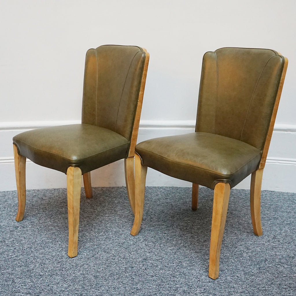 Hille Art Deco Side Chairs, Walnut veneers, 1930 Desk Chairs Bedroom Chairs. Green Leather - Jeroen Markies Art Deco