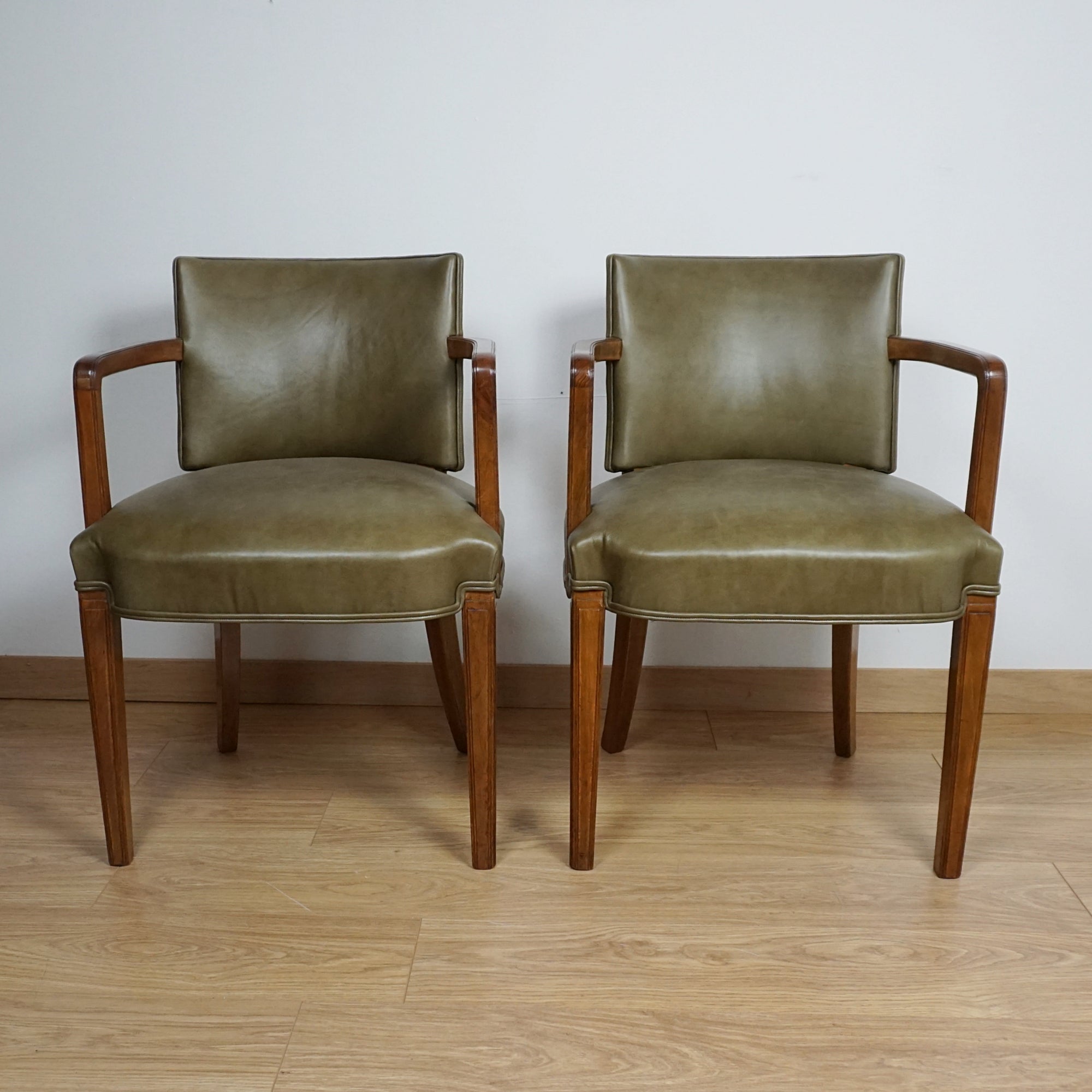 Pair of Heal's Art Deco Walnut and Leather Armchairs - Markies Antiques 