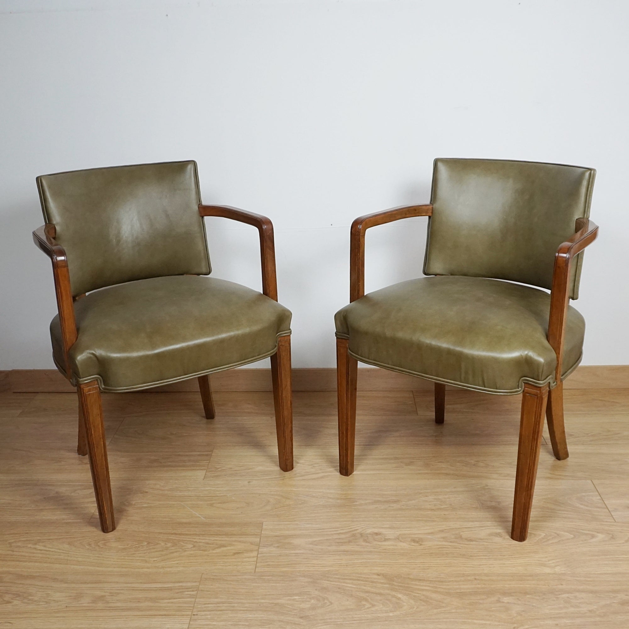 Pair of Heal's Art Deco Walnut and Leather Armchairs - Markies Antiques 