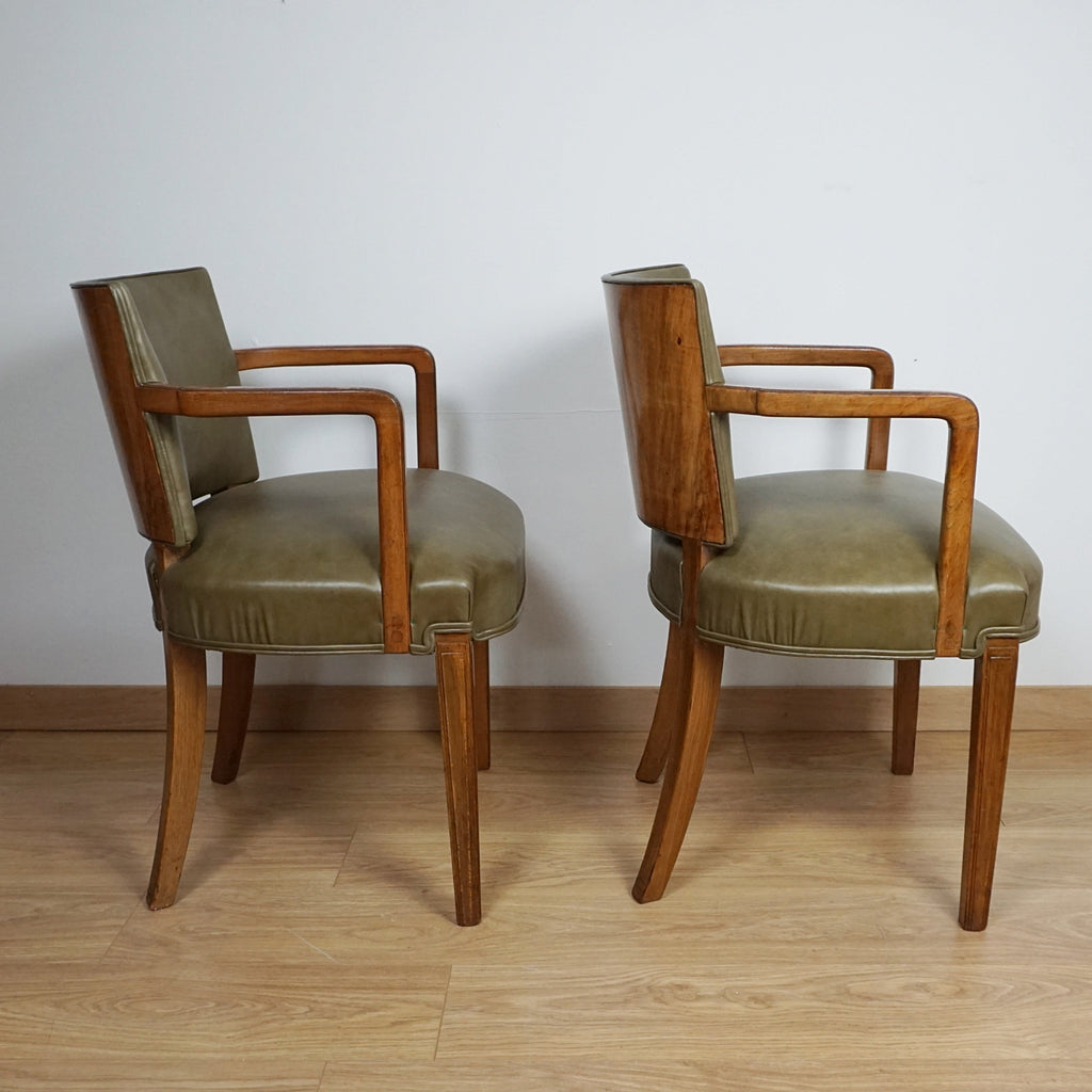 Pair of Heal's Art Deco Walnut and Leather Armchairs - Markies Antiques 