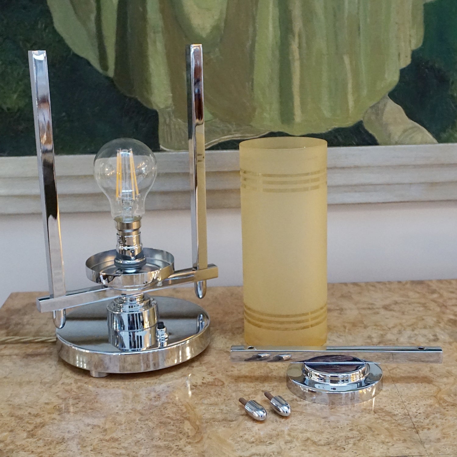 All of our lighting is fully refurbished, re-wired, and re-chromed with some replacement parts. 