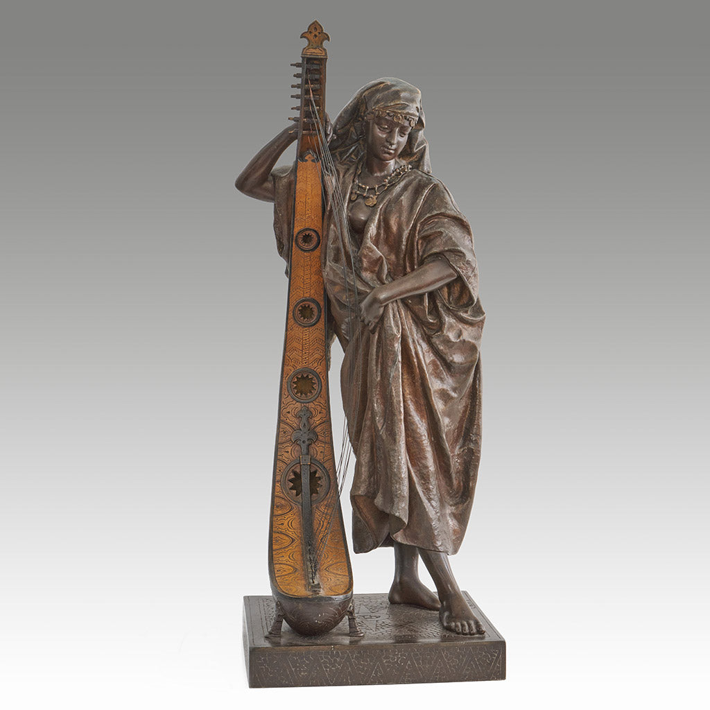 Late 19th Century Bronze. Spelter and enamel with cream yellow patination. Harp playing figure. - Jeroen Markies Art Deco