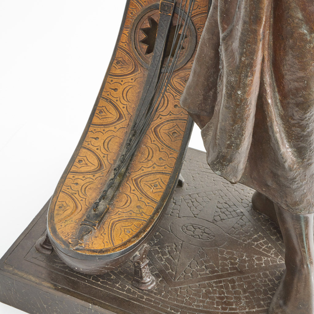 Late 19th Century Bronze. Spelter and enamel with cream yellow patination. Harp playing figure. - Jeroen Markies Art Deco