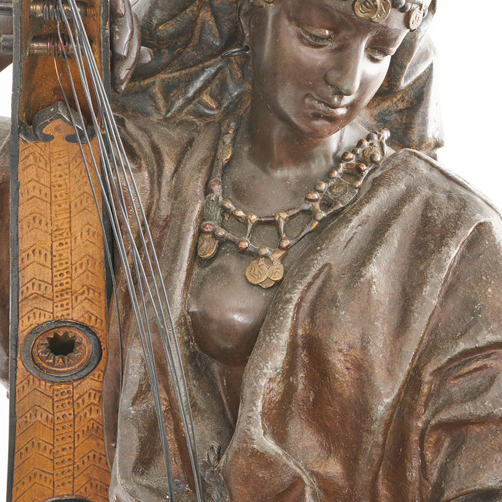 Late 19th Century Bronze. Spelter and enamel with cream yellow patination. Harp playing figure. - Jeroen Markies Art Deco