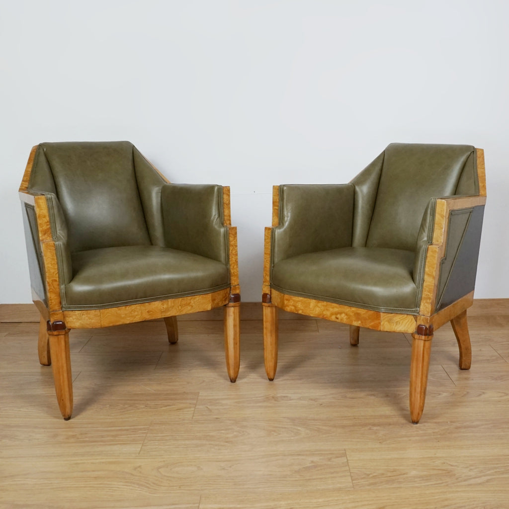 Original 1930's Art Deco Armchairs - Green Leather Vintage Armchairs - Markies Art Deco