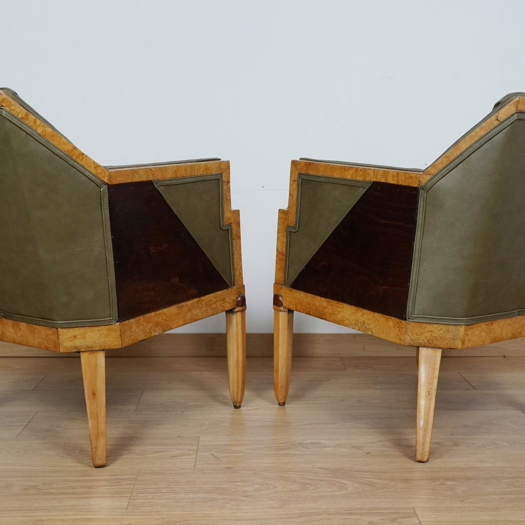 Original 1930's Art Deco Armchairs - Green Leather Vintage Armchairs - Markies Art Deco