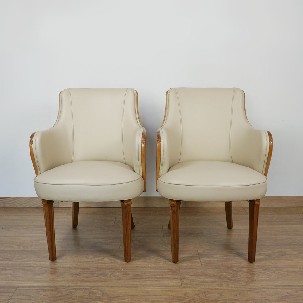 Pair of Walnut and Cream Leather Armchairs by Maurice Adams - Jeroen Markies Art Deco