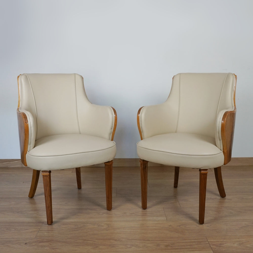 Pair of Walnut and Cream Leather Armchairs by Maurice Adams - Jeroen Markies Art Deco