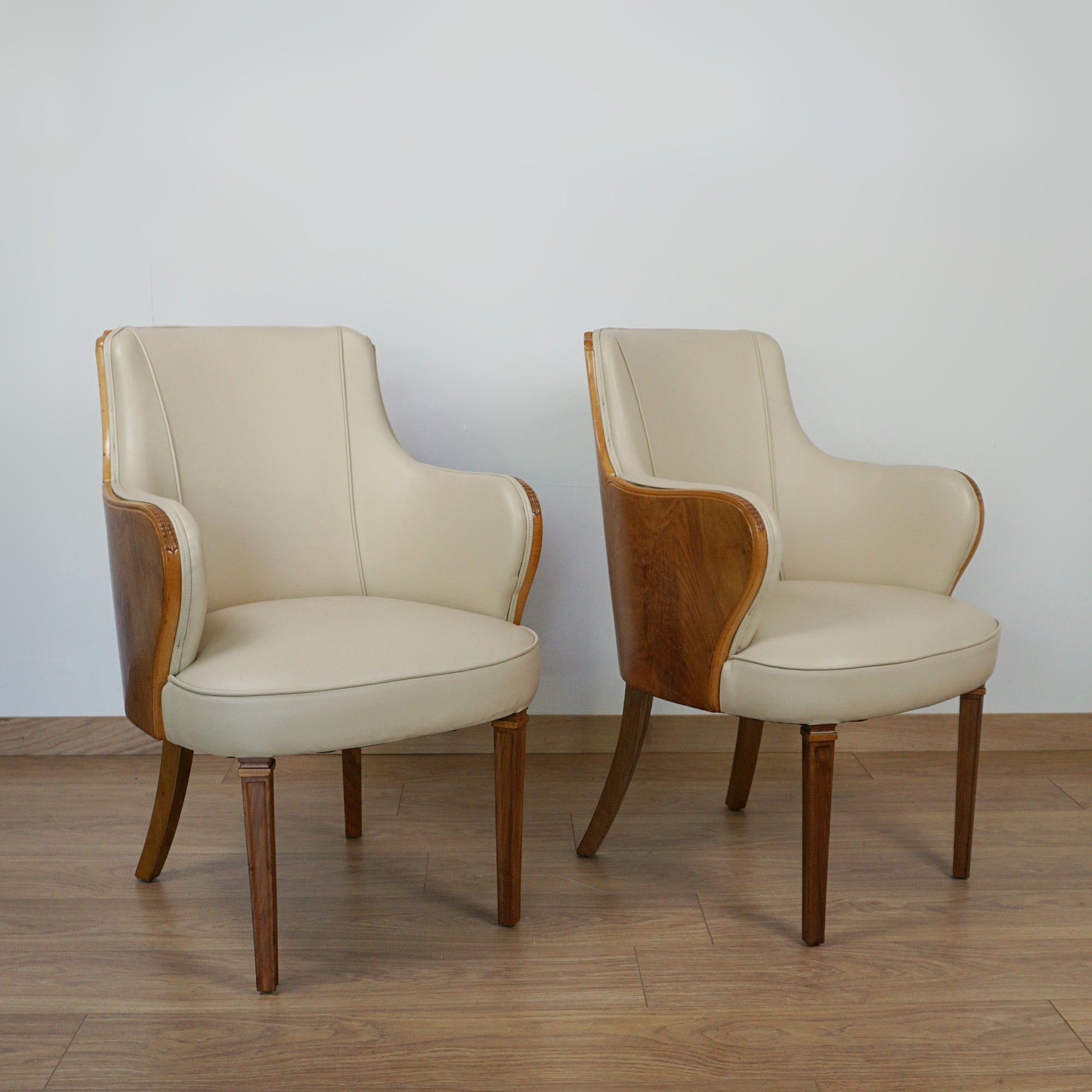 Pair of Walnut and Cream Leather Armchairs by Maurice Adams - Jeroen Markies Art Deco