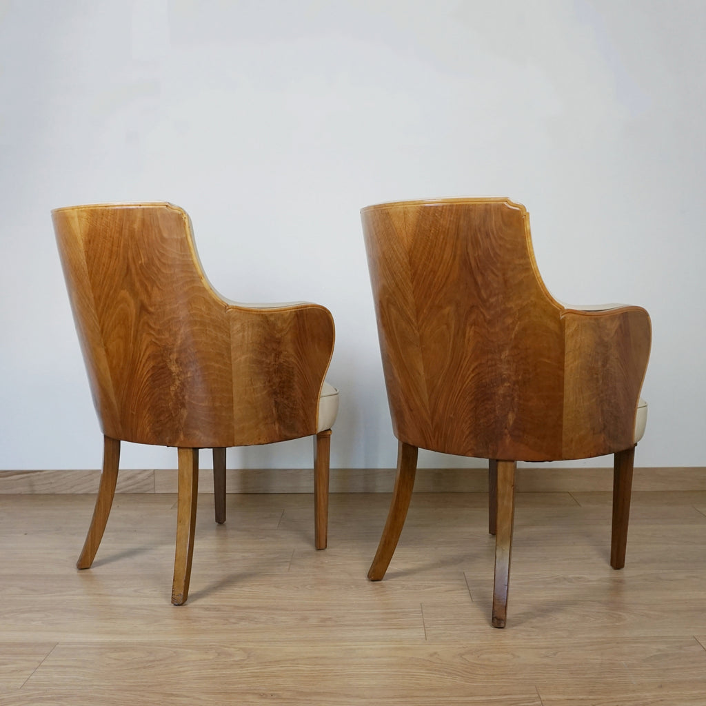 Pair of Walnut and Cream Leather Armchairs by Maurice Adams - Jeroen Markies Art Deco