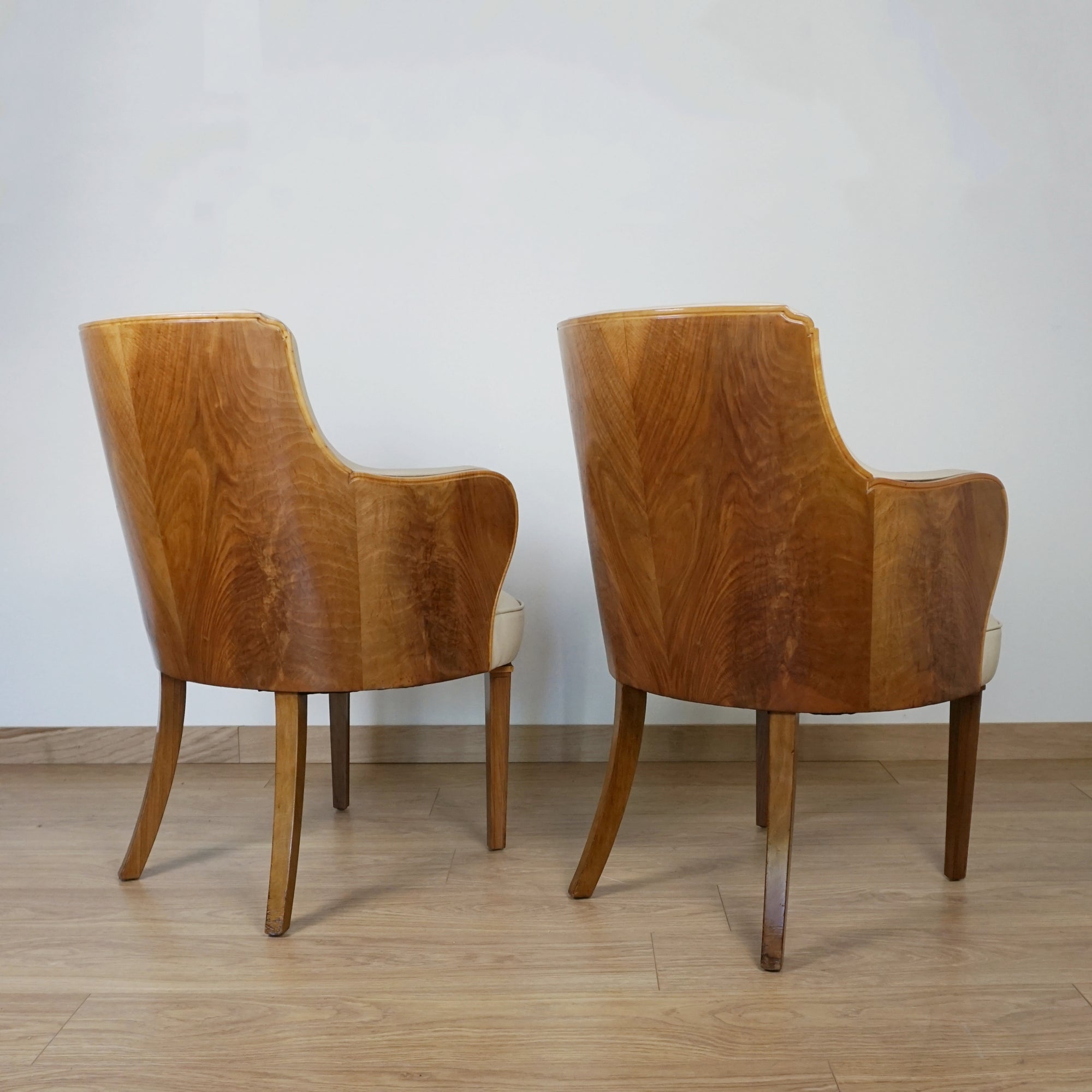 Pair of Walnut and Cream Leather Armchairs by Maurice Adams - Jeroen Markies Art Deco