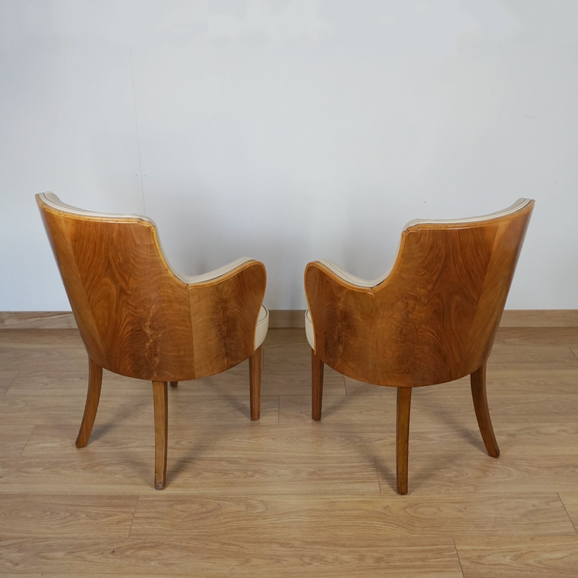 Pair of Walnut and Cream Leather Armchairs by Maurice Adams - Jeroen Markies Art Deco