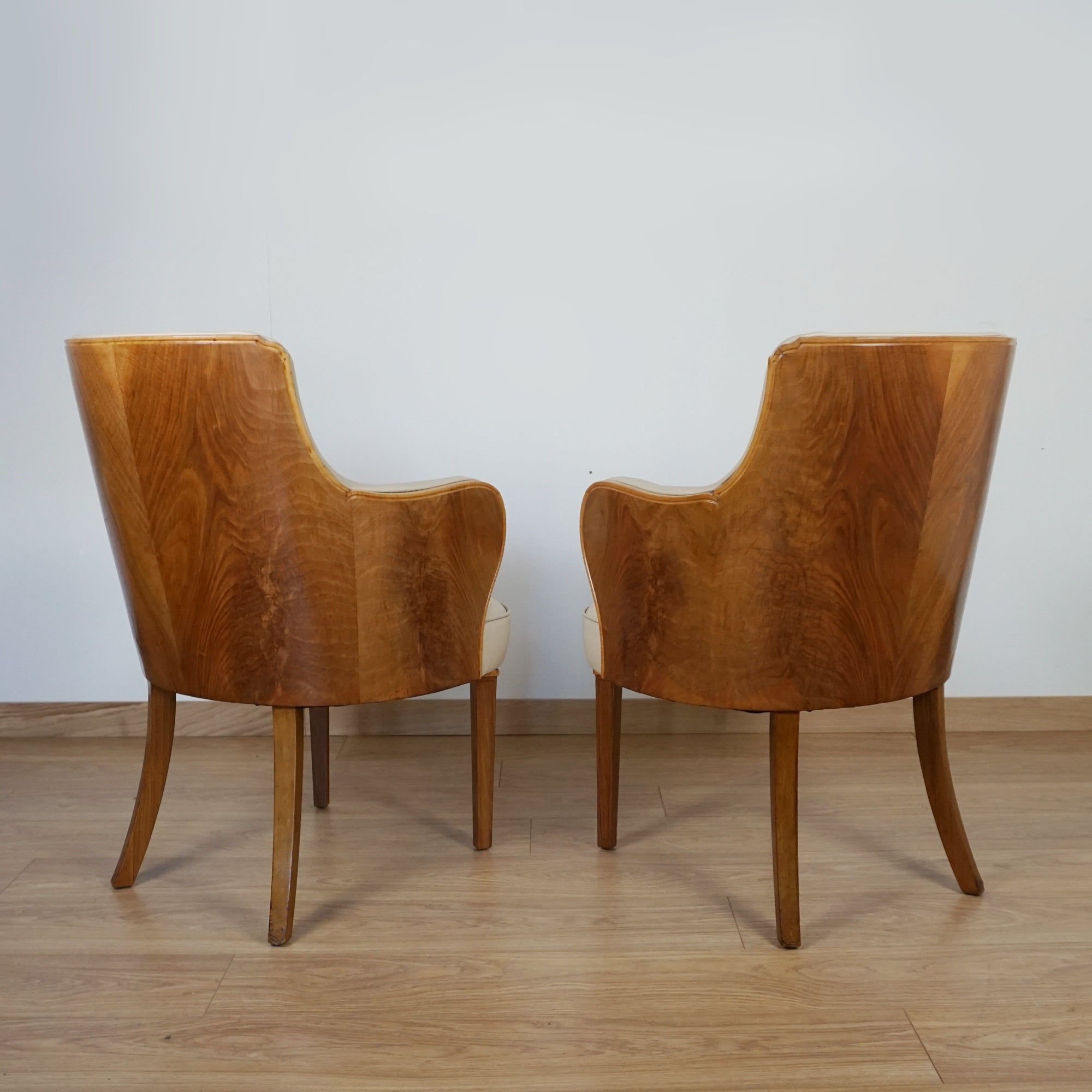 Pair of Walnut and Cream Leather Armchairs by Maurice Adams - Jeroen Markies Art Deco