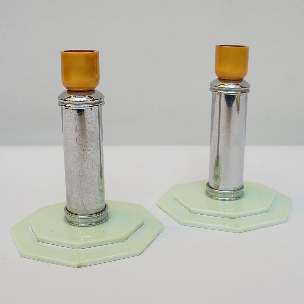 Pair of Art Deco Candlesticks. Bakelite Candle Holders. 1930's Candlesticks. Chromed Candlesticks. Jeroen Markies Art Deco