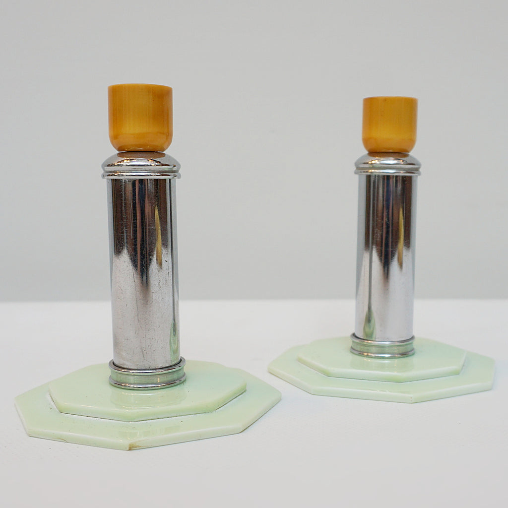 Pair of Art Deco Candlesticks. Bakelite Candle Holders. 1930's Candlesticks. Chromed Candlesticks. Jeroen Markies Art Deco