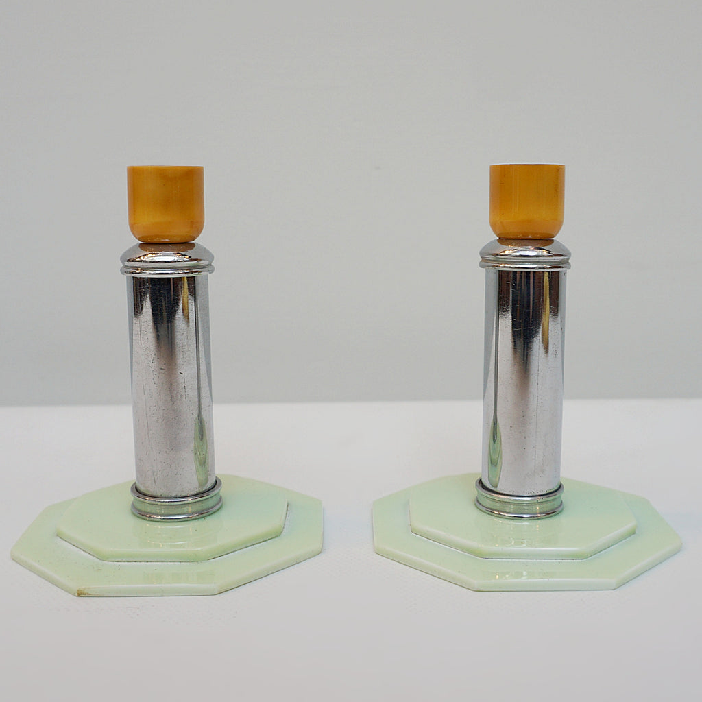 Pair of Art Deco Candlesticks. Bakelite Candle Holders. 1930's Candlesticks. Chromed Candlesticks. Jeroen Markies Art Deco