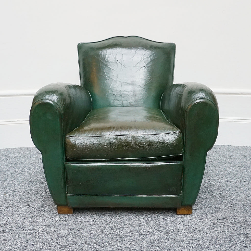 Original Vintage French Art Deco Moustache Backed Club Chairs in Vintage Green Leather - Jeroen Markies Art Deco