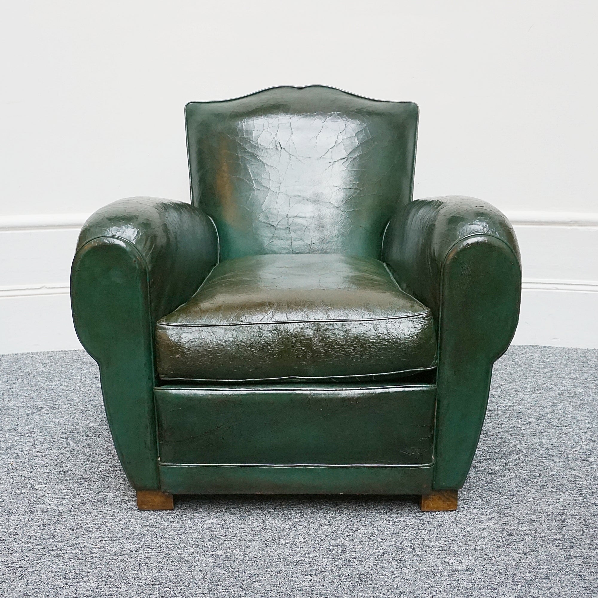 Original Vintage French Art Deco Moustache Backed Club Chairs in Vintage Green Leather - Jeroen Markies Art Deco