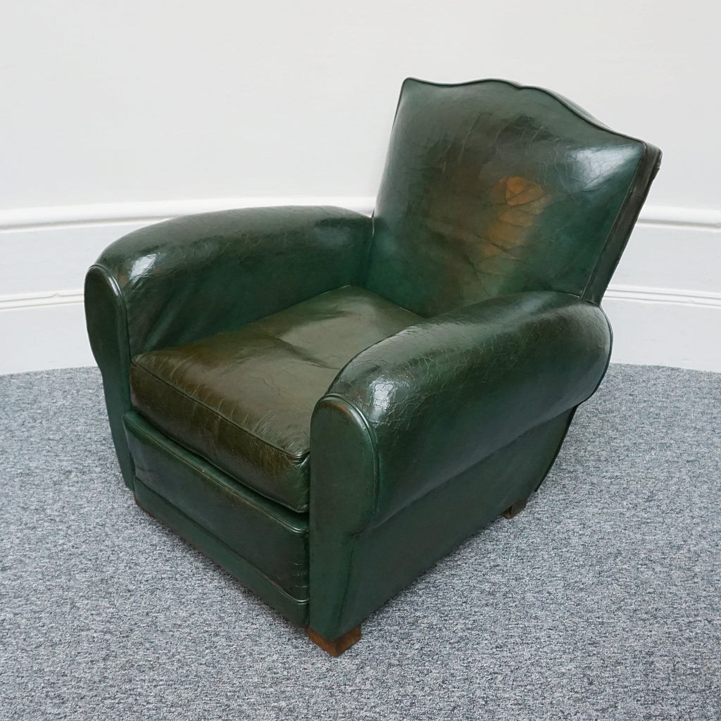 Original Vintage French Art Deco Moustache Backed Club Chairs in Vintage Green Leather - Jeroen Markies Art Deco