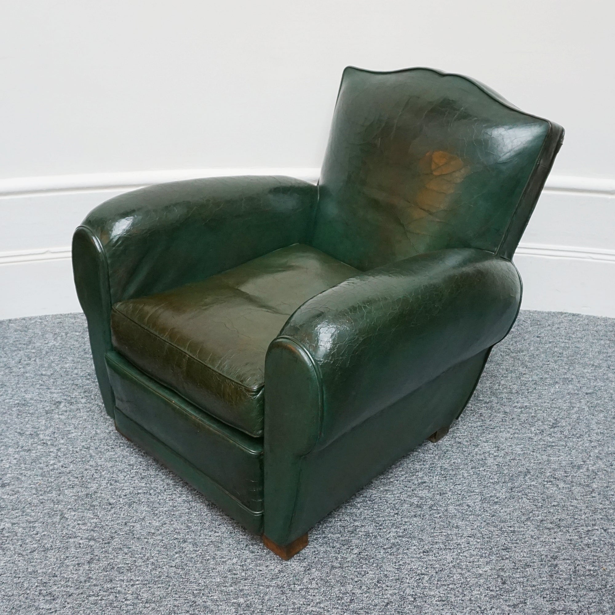 Original Vintage French Art Deco Moustache Backed Club Chairs in Vintage Green Leather - Jeroen Markies Art Deco