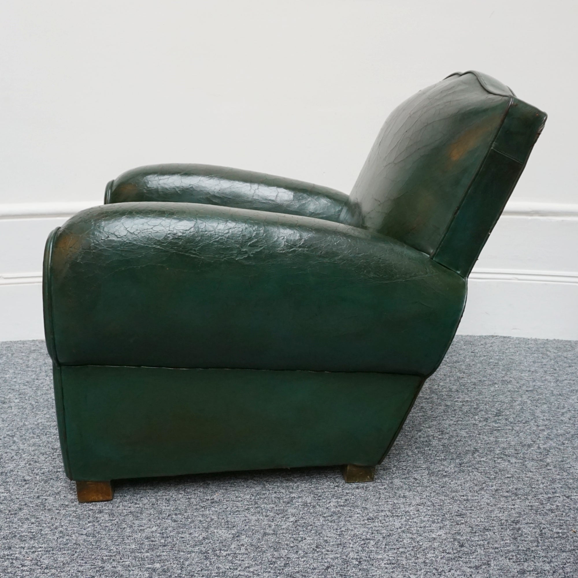 Original Vintage French Art Deco Moustache Backed Club Chairs in Vintage Green Leather - Jeroen Markies Art Deco