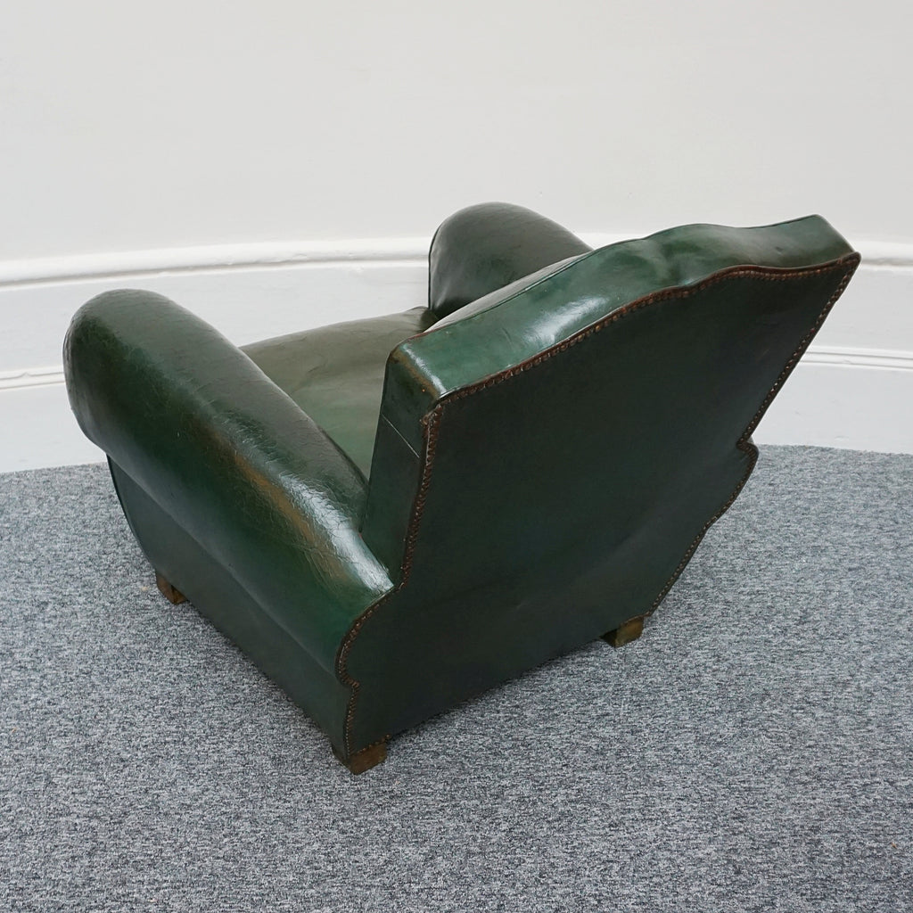 Original Vintage French Art Deco Moustache Backed Club Chairs in Vintage Green Leather - Jeroen Markies Art Deco