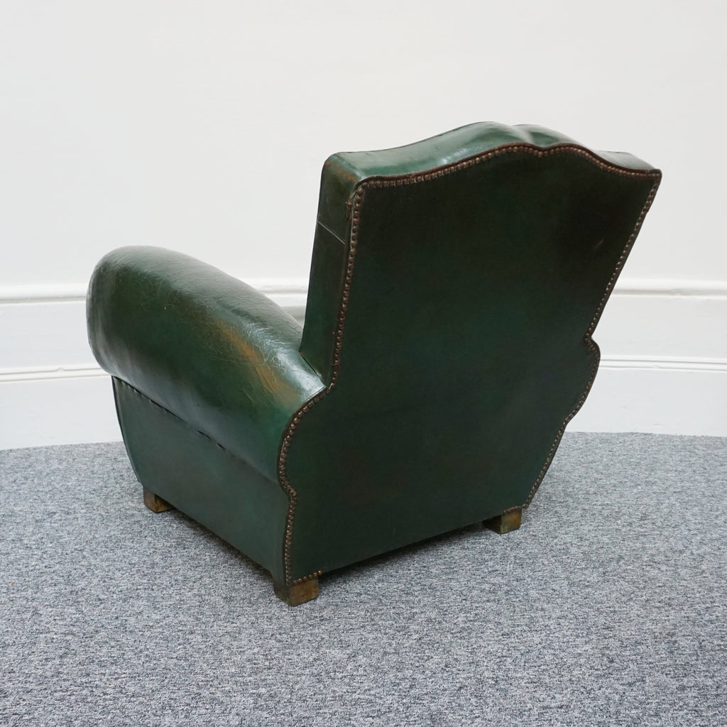Original Vintage French Art Deco Moustache Backed Club Chairs in Vintage Green Leather - Jeroen Markies Art Deco