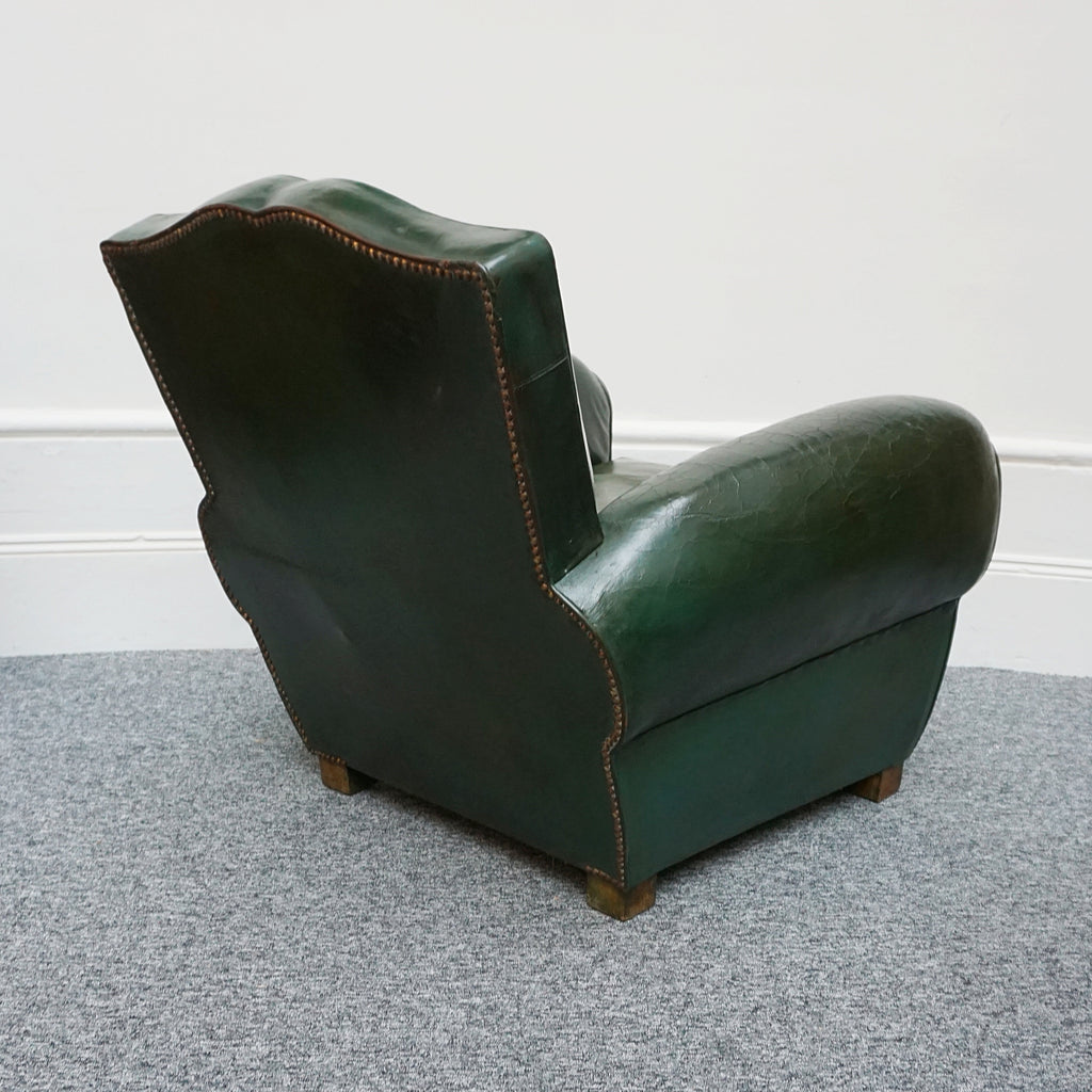 Original Vintage French Art Deco Moustache Backed Club Chairs in Vintage Green Leather - Jeroen Markies Art Deco