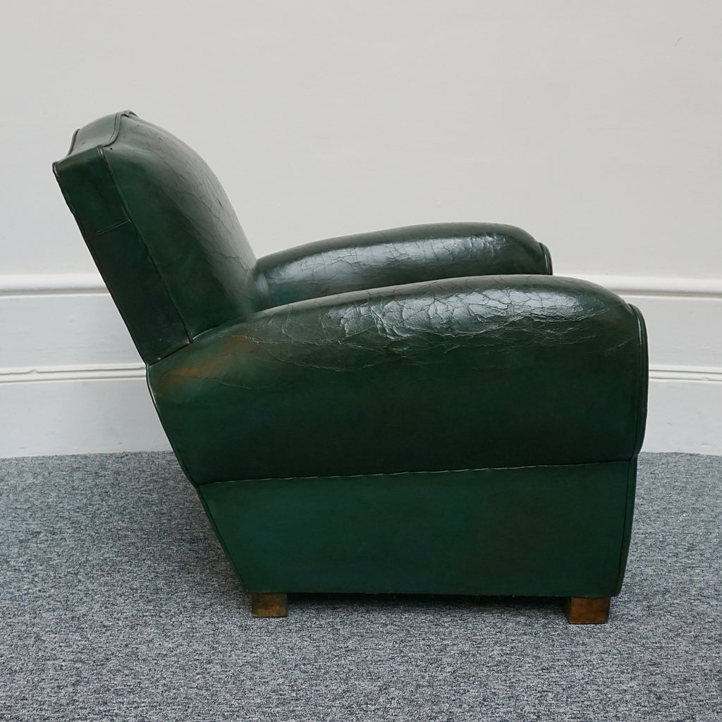Original Vintage French Art Deco Moustache Backed Club Chairs in Vintage Green Leather - Jeroen Markies Art Deco