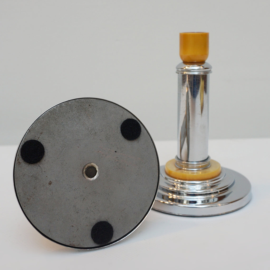 Pair of Art Deco Candlesticks. 1930's Candlestick. Chromed metal and amber bakelite - Jeroen Markies Art Deco