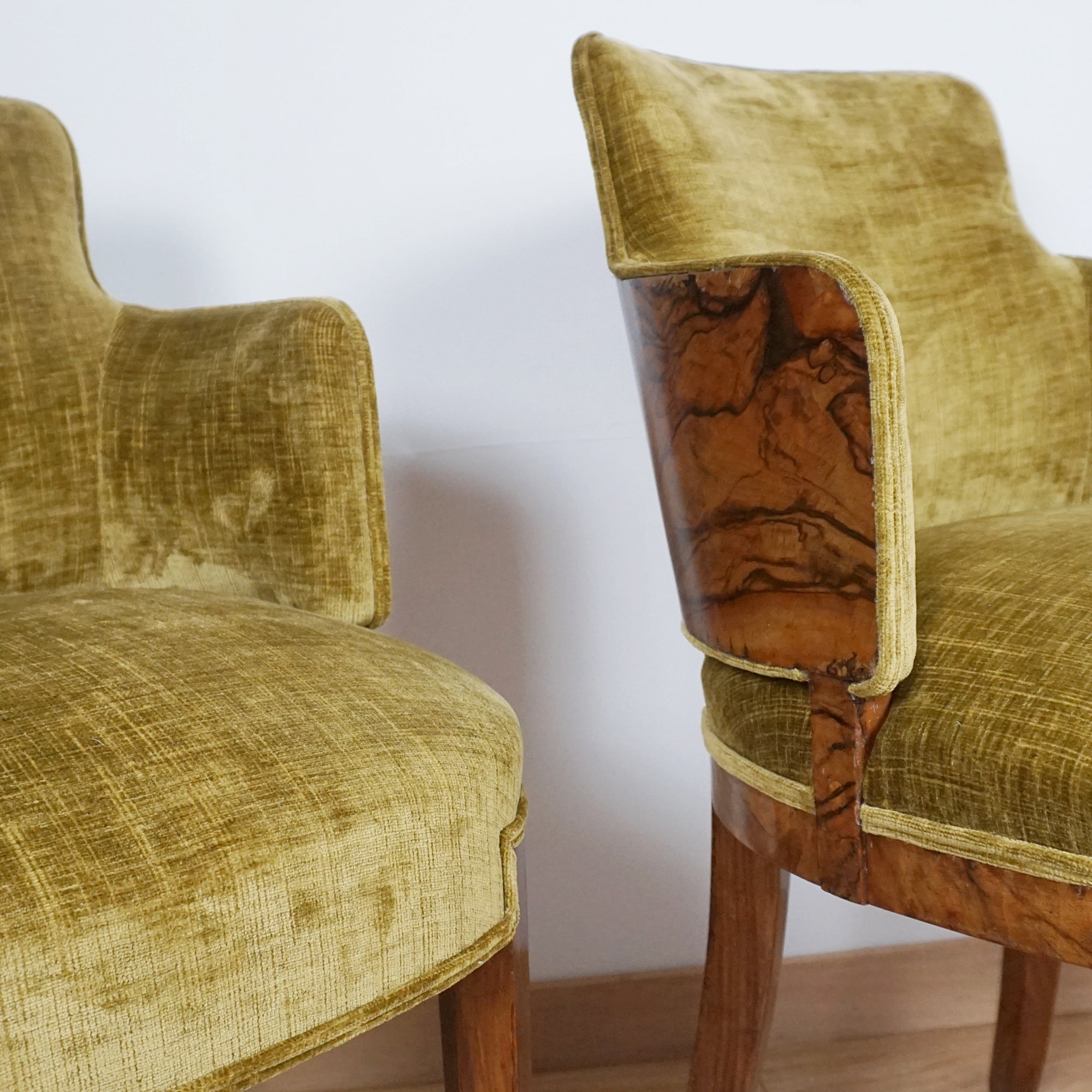 Pair of Art Deco Burr Walnut Armchairs - Markies Antiques ltd