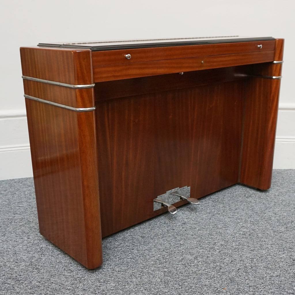 Flame Mahogany wooden mini upright piano by Eavestaff. Art Deco pianette - Jeroen Markies Art Deco