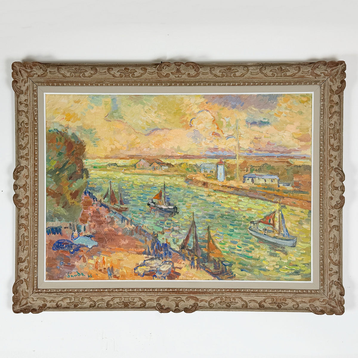 Henri Saada Post Impressionist Painting 'Port of Hon Fleur' Mid-20th Century Artwork Oil on Canvas - Markies Antiques Ltd